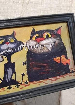 Прикольна картина коти оригінал їдять рибку кістка 2 коти кісі олією креатив вінтаж 2001 унікальна3 фото