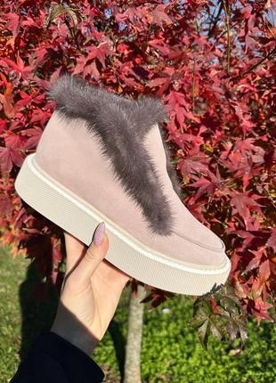 Екслюзивні черевики лофери з італійської шкіри та замші жіночі з норкою