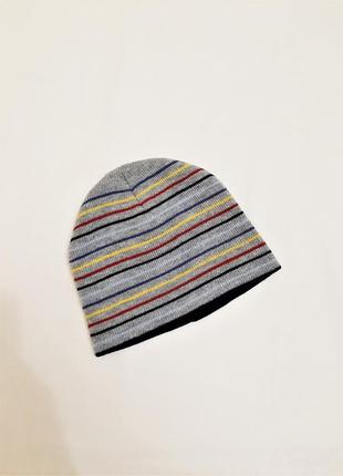 Демисезонная двойная шапка серая полоски синие-жётые-красные на мальчика 1-5лет1 фото