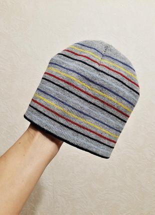 Тепла подвійна шапка на хлопчика від 2 місяців до 2років сіра в смужки сині-жовті-червоні демі/зима