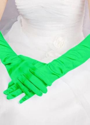 Рукавички атласні зелені до ліктя