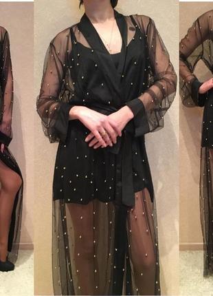 Роскошный комплект шелковое платье накидка-сетка с жемчугом3 фото