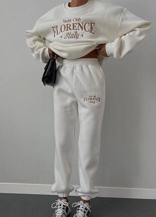 🧡спортивный классический костюм на флисе, с принтом на груди, цвет: капучино, белый, меланж, размер: 42-46