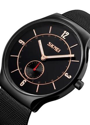 Чоловічий наручний класичний годинник skmei 9163 design чорні з золотими стрілками1 фото
