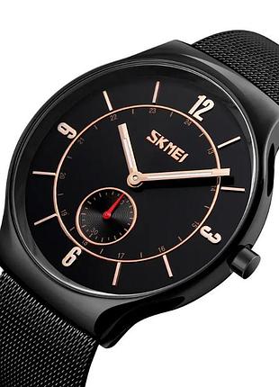 Мужские наручные классические часы skmei 9163 design черные с золотыми стрелками