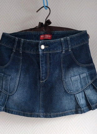 Трендовая джинсовая мини юбка низкая заниженная посадка защипы misswan супер качество тяжелый плотный деним3 фото