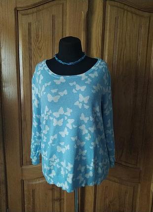 Кофта джемпер голубая белая бабочка батал