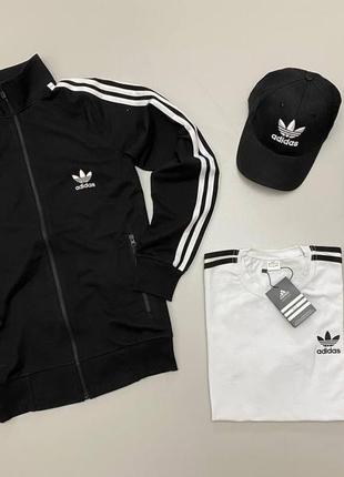 Мужской спортивный костюм adidas 4в1 черный с белым с полосами без капюшона адидас весенний осенний