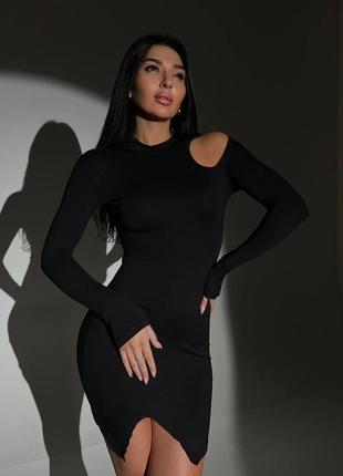 Сукня з вирізами чорна з довгим рукавом коротка міні базова стильна трендова плаття розрізами збоку на грудях декольте3 фото