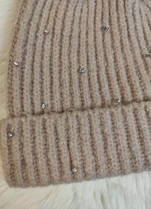 Женская вязаная шапка бежевая вязаная теплая зимняя с кристаллами размер 56-59 см s-xl3 фото