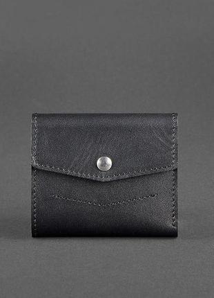 Женский кожаный маленький кошелек тройного сложения с монетницей из натуральной кожи черный