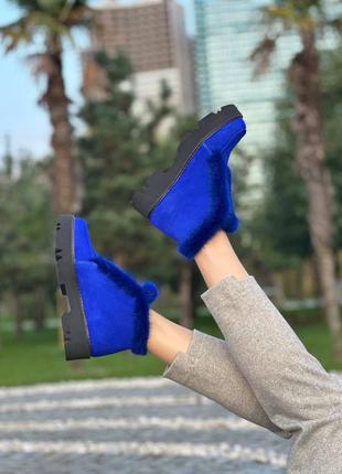 Екслюзивні черевики лофери з італійської шкіри та замші жіночі сині електрик з норкою7 фото