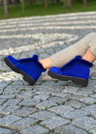 Екслюзивні черевики лофери з італійської шкіри та замші жіночі сині електрик з норкою2 фото