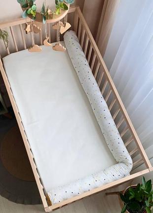Захисний бортик валик для дитячого ліжечка, довжина 180 см, сатин, горошки гірчиця топ1 фото