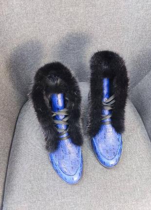 Ексклюзивні черевики високі лофери з натуральної італійської шкіри жіночі сині з норкою