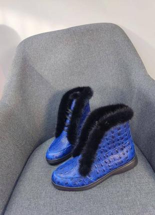 Ексклюзивні черевики високі лофери з натуральної італійської шкіри жіночі сині з норкою