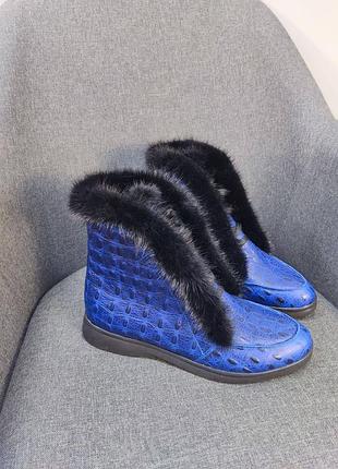Ексклюзивні черевики високі лофери з натуральної італійської шкіри жіночі сині з норкою