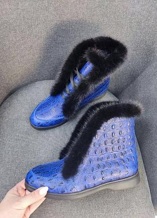 Ексклюзивні черевики високі лофери з натуральної італійської шкіри жіночі сині з норкою