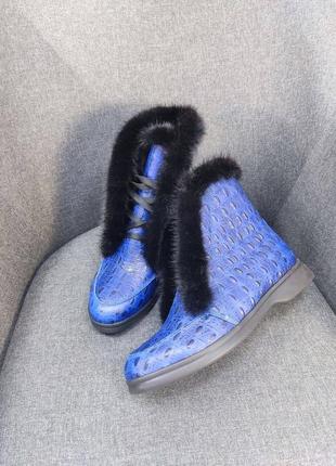 Ексклюзивні черевики високі лофери з натуральної італійської шкіри жіночі сині з норкою