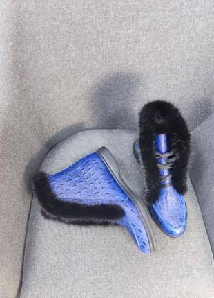 Ексклюзивні черевики високі лофери з натуральної італійської шкіри жіночі сині з норкою