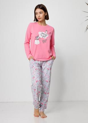 Женская розовая пижама с брюками - котики