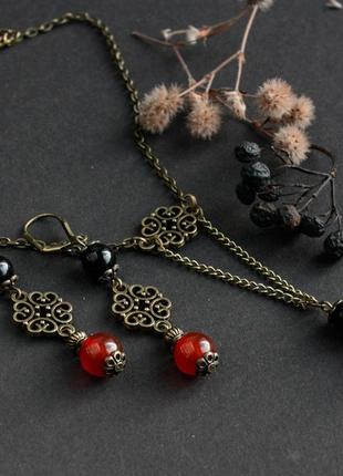 Комплект колье и серьги из сердолика и агата в винтажном стиле осенние украшения...