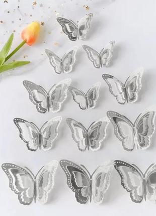 Метелики декоративні сріблясті, в наборі 12штук різних розмірів, фольга