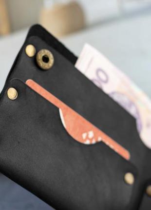Чоловічий шкіряний чорний гаманець norb ручної роботи з натуральної шкіри на заклепках з фіксацією7 фото