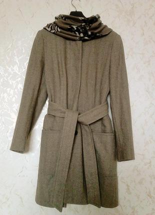 Пальто шерстяное zara с поясом, шерстяное, воротник - стойка шарф в подарок