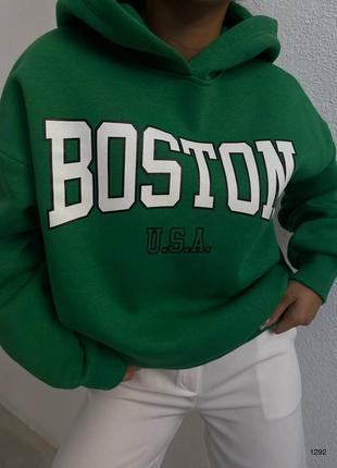 Худи с капюшоном boston ausa свитшот трендовый стильный теплый флисовый зимний утепленный на флисе кофта черный бежевый зеленый7 фото