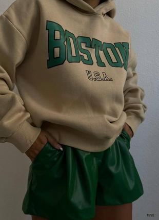 Худи с капюшоном boston ausa свитшот трендовый стильный теплый флисовый зимний утепленный на флисе кофта черный бежевый зеленый3 фото