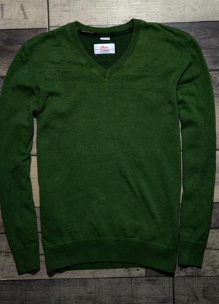 Мужской базовый элегантный хлопковый свитер s. oliver зелёного цвета с v-образным вырезом размер м3 фото
