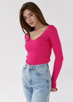 Стильний пуловер облягаючий у дрібний рубчик, колір фуксія