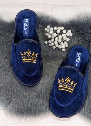 Тапочки комнатные женские белста с закрытым носком велюровые синие с короной6 фото