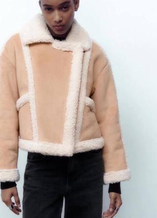 Розовая женская дубленка зара, укороченая зимняя куртка авиатор, косуха оверсайз