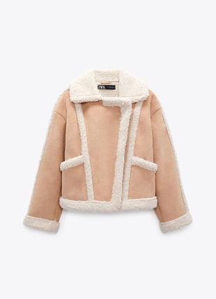 Розовая женская дубленка зара, укороченая зимняя куртка авиатор, косуха оверсайз