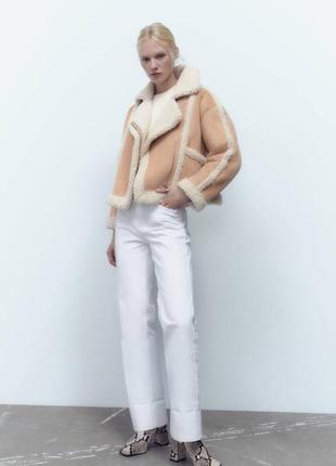 Розовая женская дубленка зара, укороченая зимняя куртка авиатор, косуха оверсайз