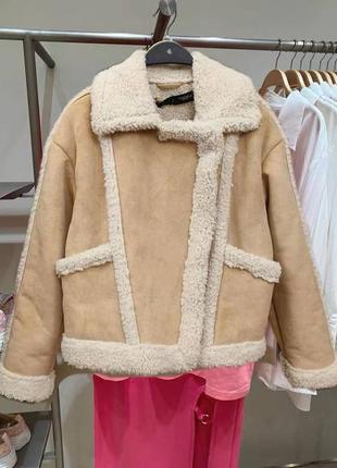 Розовая женская дубленка зара, укороченая зимняя куртка авиатор, косуха оверсайз