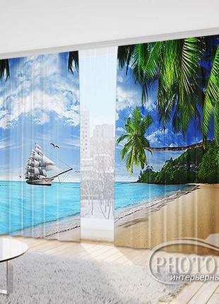 Фото шторы "райский уголок с парусником" 2,7м*4,0м (2 полотна по 2,0м), тесьма1 фото