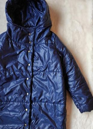 Синий зимний пуховик оверсайз деми дутая теплая куртка батал большого размера с большим капюшоном3 фото