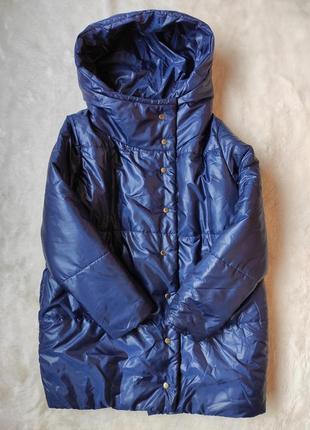 Синий зимний пуховик оверсайз деми дутая теплая куртка батал большого размера с большим капюшоном4 фото