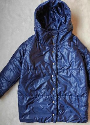 Синий зимний пуховик оверсайз деми дутая теплая куртка батал большого размера с большим капюшоном2 фото