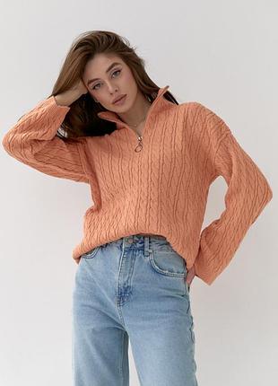 Удлиненный светр в косичку с молнией, женский светр