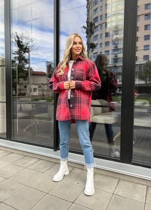 Сорочка жіноча тепла кардіган піджак жакет червона бордова флісова зимова довга в клітинку
