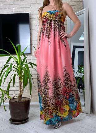 Леопардовое платье в цветы яркое длинное без бретелек с открытыми плечами