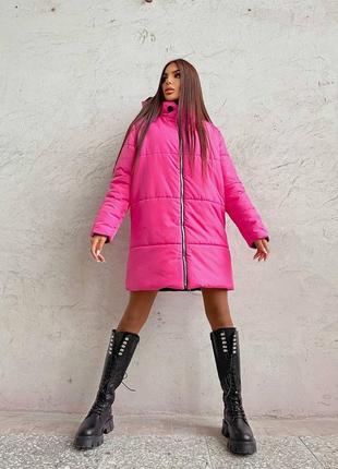 Курточка двусторонняя теплая удлиненная розовая черная зеленая стильная свободная зимняя оверсайз с капюшоном на молнии пальто парка пуховик шуба1 фото
