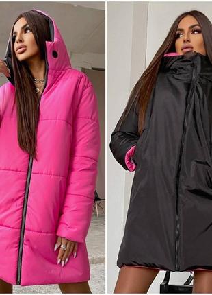 Курточка двусторонняя теплая удлиненная розовая черная зеленая стильная свободная зимняя оверсайз с капюшоном на молнии пальто парка пуховик шуба3 фото