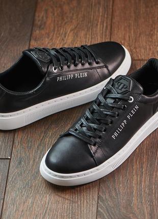 Мужские кожаные кеды plein, шкірчні кеди чорні на білій підошві