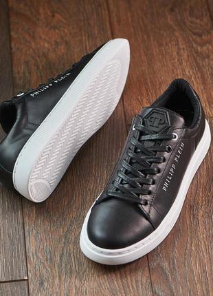 Мужские кожаные кеды plein, шкірчні кеди чорні на білій підошві