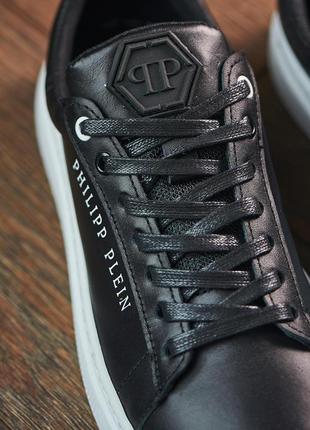 Мужские кожаные кеды plein, шкірчні кеди чорні на білій підошві